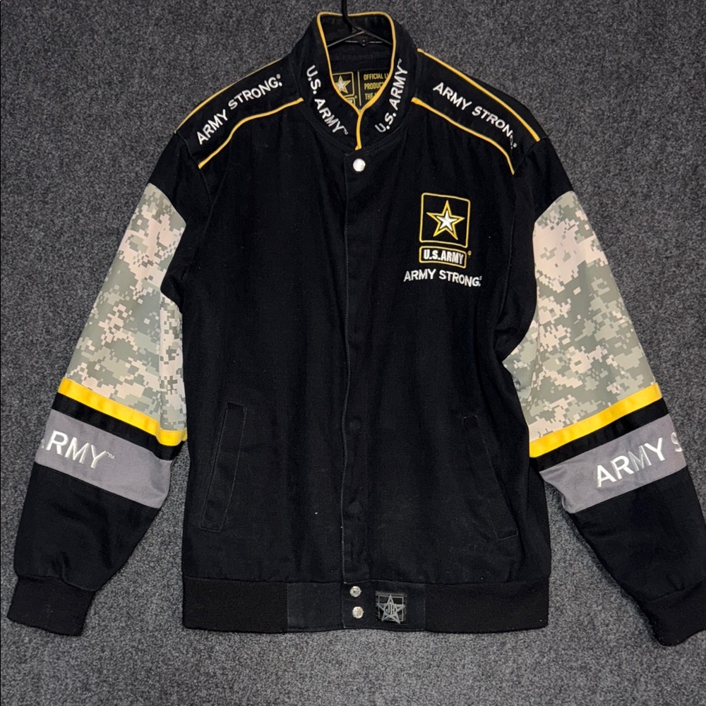JH Design US Army Strong Varsity Jacket‎ Mens Medium Black Camo Twill Bomber